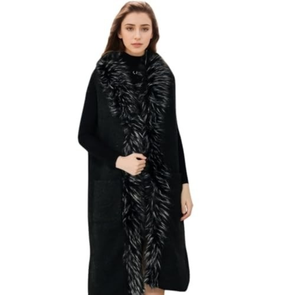 Luii Anthropologie Womens Black Sleeveless Faux Fur Trim Long Vest Size S